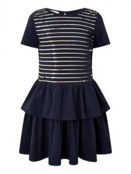 Image of Monsoon Girls Sequin Stripe Jersey Tiered Dress - Navy