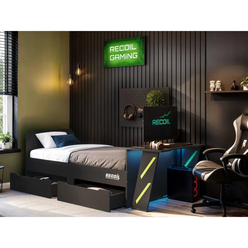 Image of Flair Alister Gaming Single Bed with Desk Charcoal & Green Charcoal Unisex Single