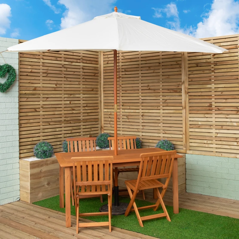 Image of Outdoor 4 Person Rectangular Wooden Garden Dining Table Chairs with Cream Parasol and Base Set