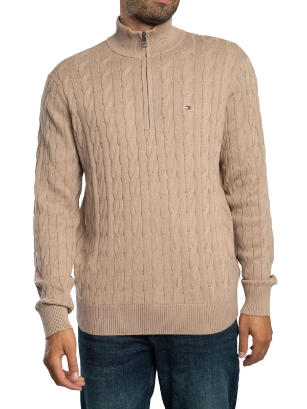 Image of Tommy Hilfiger Classic Cotton Cable Zip Mock Knit Coastal Taupe XL