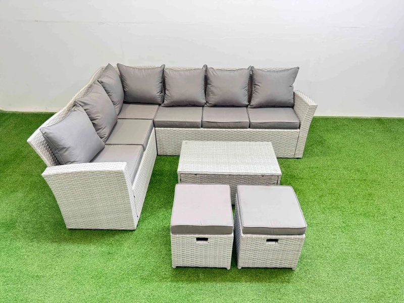 Image of Fimous 8 Seater Garden Outdoor Rattan Furniture Set with Oblong Coffee Table in Light Grey Light Grey Unisex