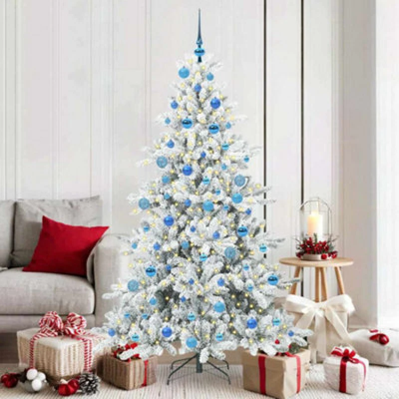 Image of vidaXL Artificial Hinged Christmas Tree with 300 LEDs, Blue Balls Snow Flocked 180cm PVC, Green 3397725