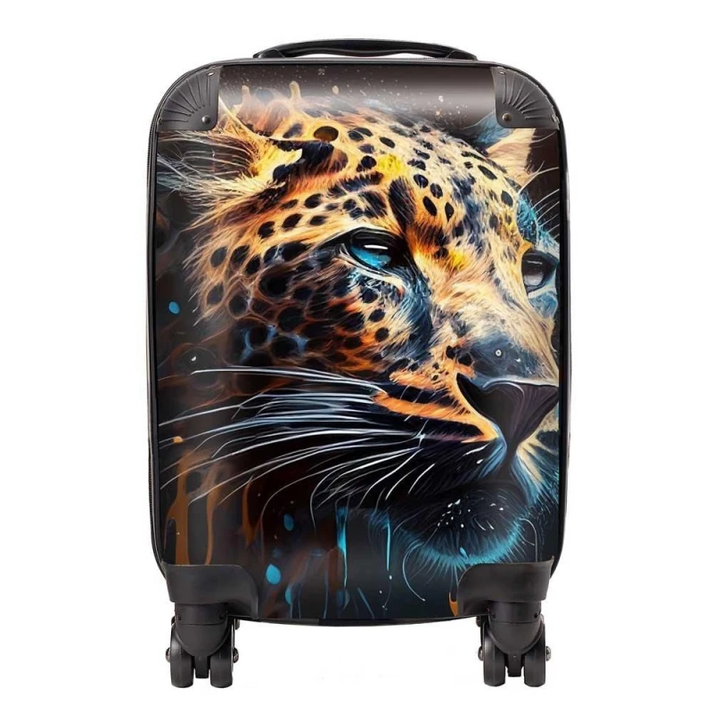 Image of Warren Reed - Designer Leapoard Face Splashart On Dark Background Suitcase in Yellow Size: Medium Yellow Unisex Medium