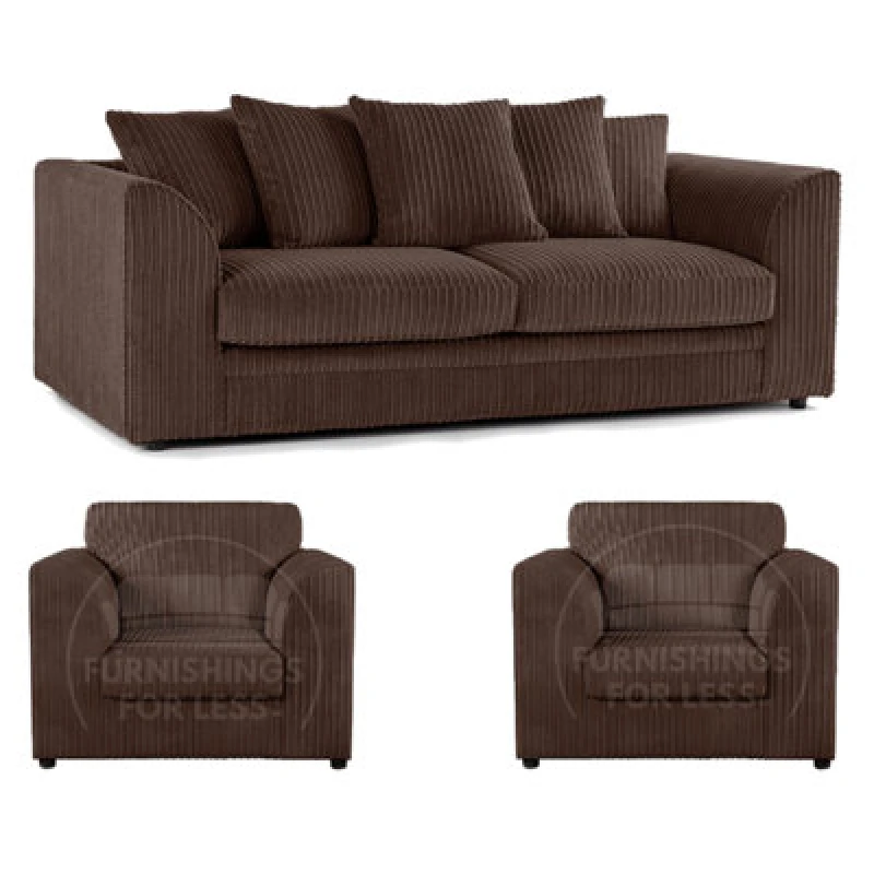 Image of Furnishings For Less UK Luxor Jumbo Cord 3 + 1 + 1 Fabric 3 Piece Sofa Suite - Scatter Back Chocolate