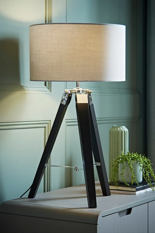 Image of ValueLights Clipper Black Wood Tripod Table Lamp With Medium Grey Shade Black unisex