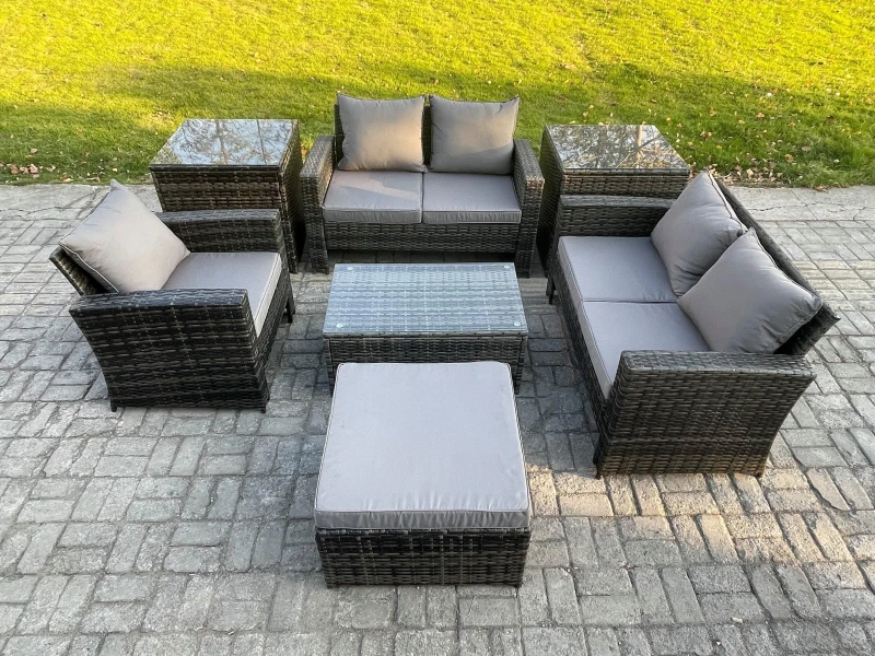 Image of Fimous Rattan Garden Furniture Set 6 Seater Patio Outdoor Lounge Sofa Chair Set with 2 Side Tables Rectangular Coffee Table Big Footstool in Dark Grey