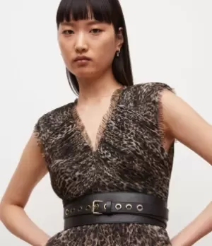 Image of AllSaints Womens Ally Eyelet Leather Waist Belt, Black/warm Brass, Size: S/M