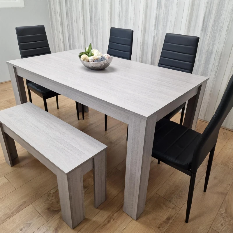 Image of KOSY KOALA Kosy Koala - Dining Table and 4 Chairs With Bench Grey 4 Black Leather Chairs Wood Dining Set Furniture Arrow Grey 140 + 4 Black Metal + 1