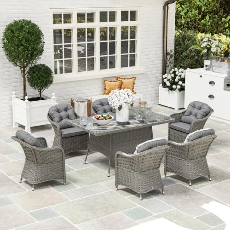 Image of Outsunny PE Rattan Garden Dining Set for 6 with Seat and Back Cushions, Grey 861-037V71LG