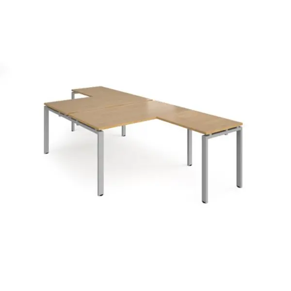 Image of Adapt Bench Desk 2 Person With Return Desks 1400mm Oak Tops With Silver Frames Adapt Oak ER14168-S-O