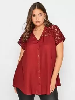 Image of Yours Lace Insert Blouse - Wine, Red, Size 22, Women
