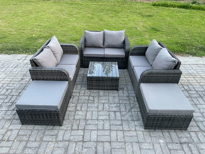 Image of Fimous 8 Seater High Back Rattan Garden Furniture Set with Square Coffee Table 2 Big Footstool Love Sofa Indoor Outdoor Patio Lounge Sofa Set Dark Gre