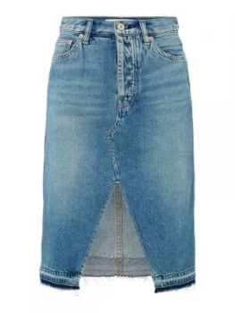 Image of Free People Knee Length Denim Midi Skirt Blue