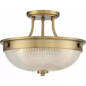 Image of 2 Bulb Semi Flush UpLight Prismatic Glass Dome Shade Weathered Brass LED E27 60W