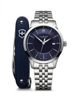 Image of Victorinox Victorinox Swiss Made Alliance Blue Sapphire Glass 40Mm Date Dial Stainless Steel Bracelet Watch And Swiss Army Knife Gift Set