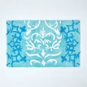 Image of HOMESCAPES Blue Damask Cotton Bath Mat - Blue - Blue - Blue