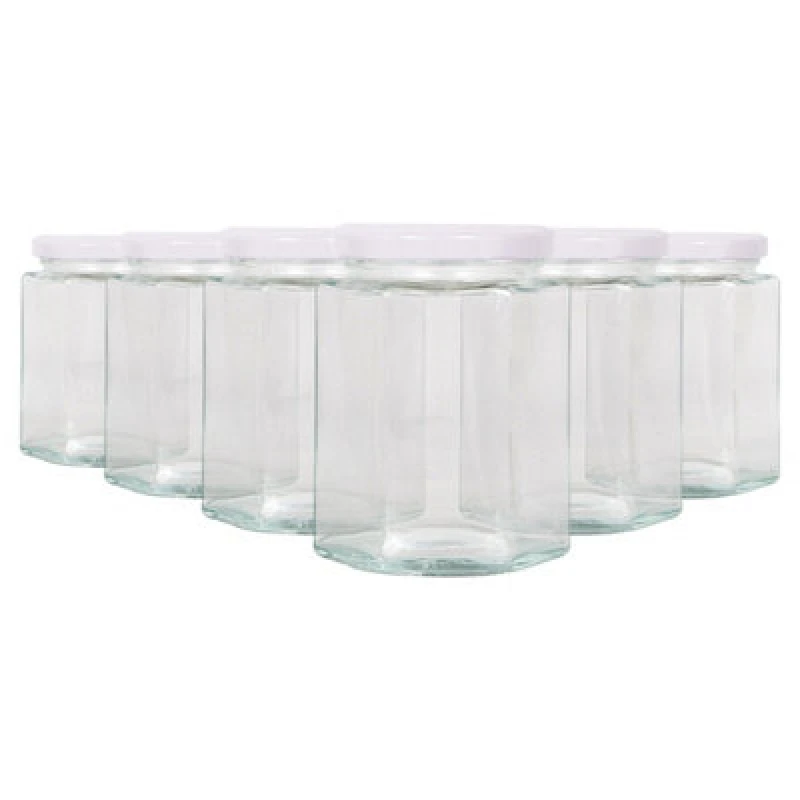 Image of Argon Tableware Hexagonal Glass Jam Jars With White Lids - 250ml - Pack Of 6