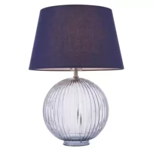 Image of Table Lamp Smokey Grey Ribbed Glass & Navy Cotton 40W E27 GLS Base & Shade