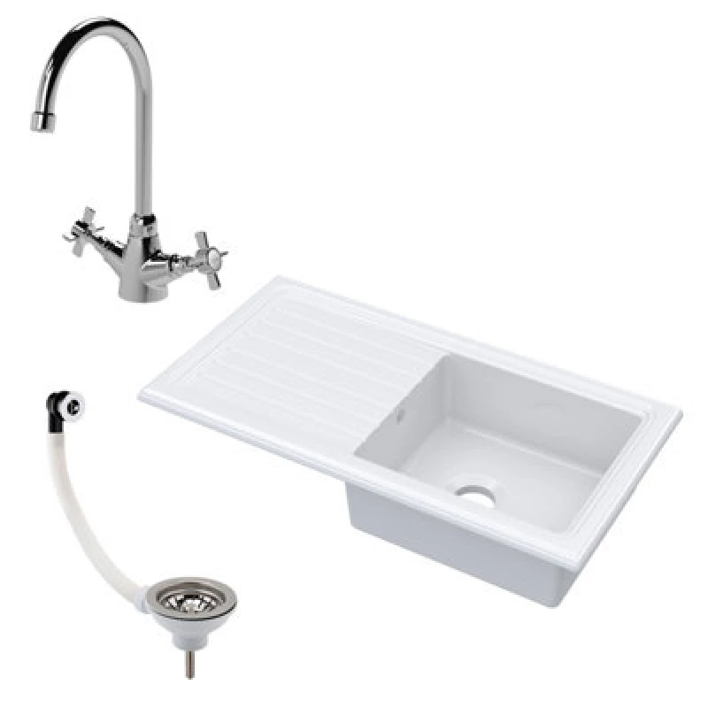 Image of Balterley Fireclay Drop In Sink 1 Bowl Drainer Sink Mixer Tap Waste 1010mm White