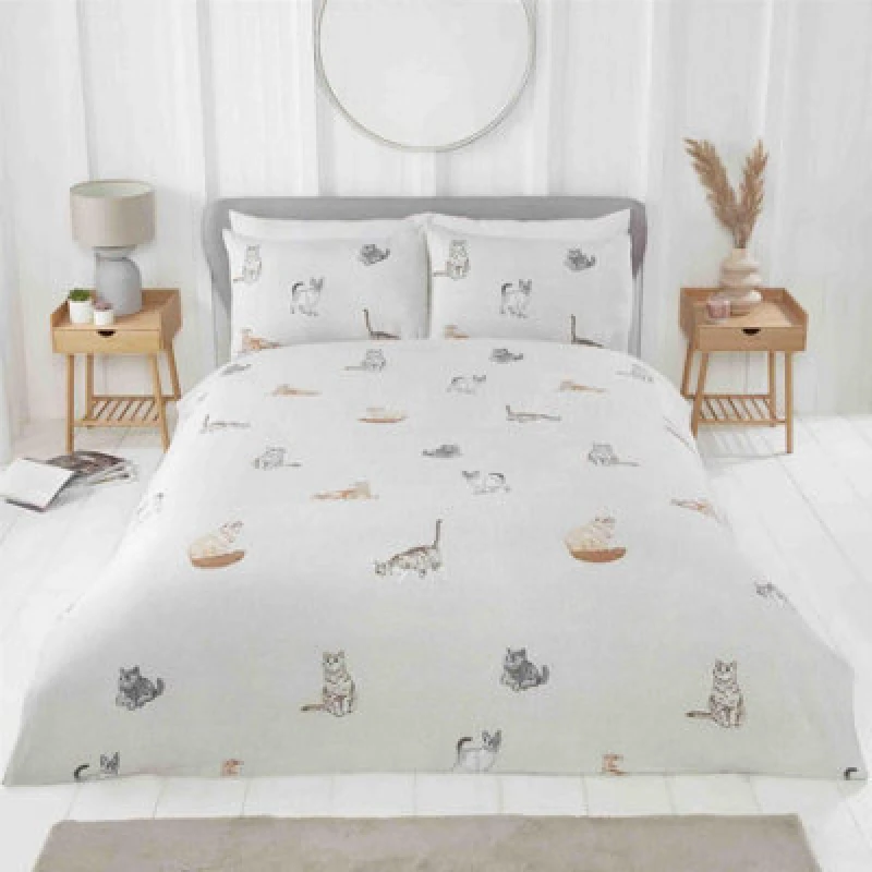 Image of Rapport Purrrfect Reversible Duvet Cover Set Cats And Stripes Bedding Natural