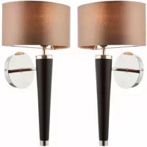 Image of 2 pack Dimmable LED Wall Light Walnut & Silver Effect Shade Wooden Lamp Fitting