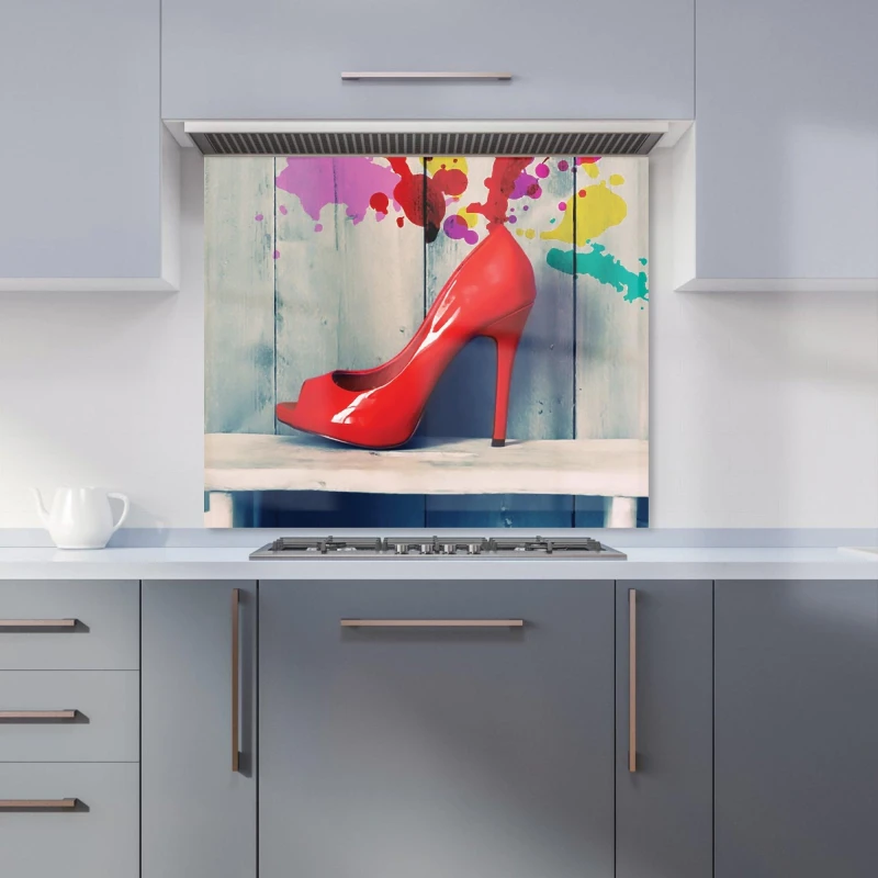 Image of Warren Reed - Designer Retro Red Shoes Kitchen Splashback Size: 700mm x 750mm Red Unisex 700mm x 750mm