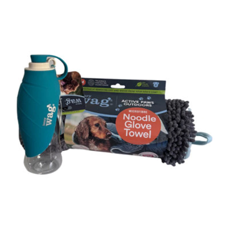 Image of Henry Wag Blue Pet Water Bottle & Noodle Glove Towel Combo