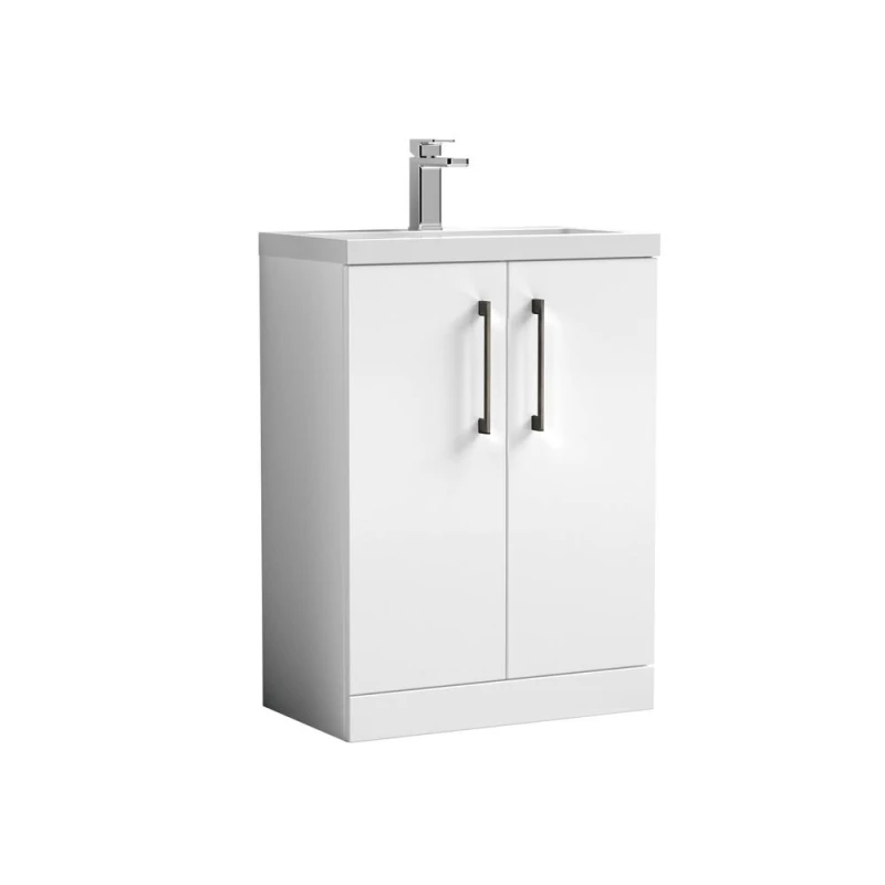 Image of Balterley Bathroom Vanity Basin Unit, Brushed Pewter Handles, 600mm, Gloss White White Unisex