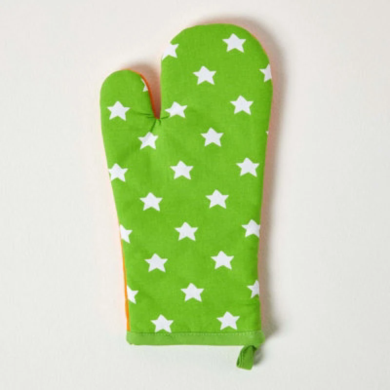 Image of Homescapes Orange and Green Stars Cotton Oven Glove Green unisex