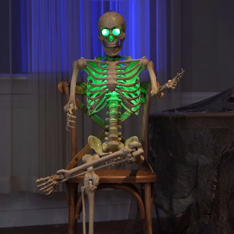 Image of 5ft (152cm) Battery Powered Light up Halloween Skeleton with Poseable Joints & Green LEDs
