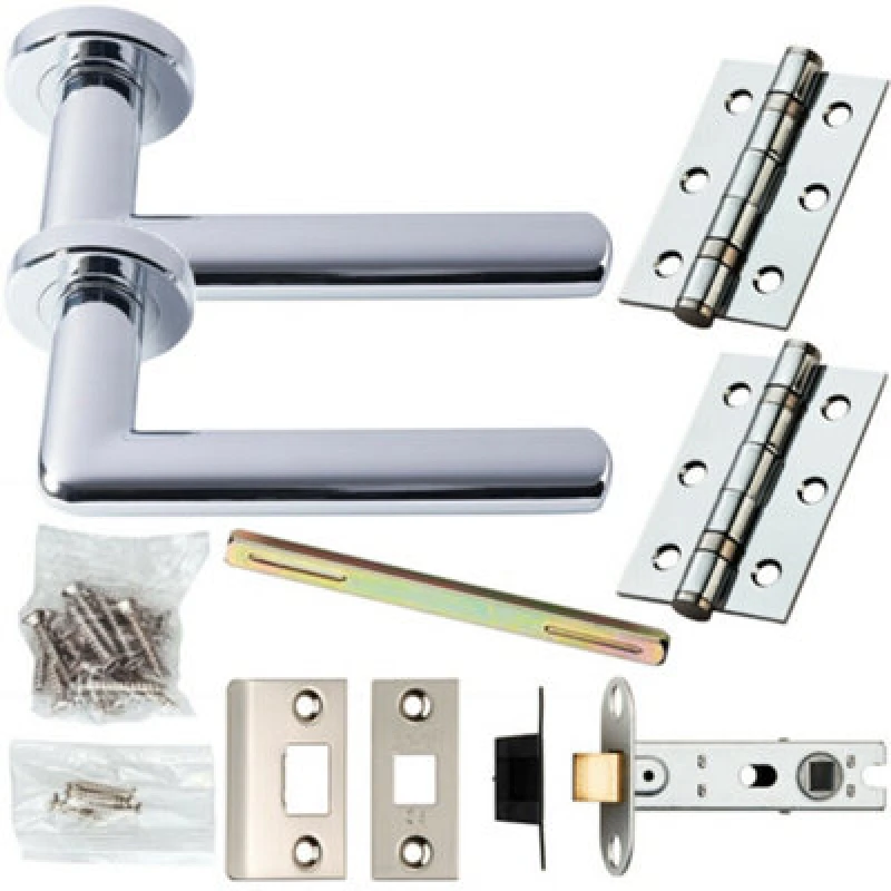 Image of Loops Door Handle & Latch Pack Chrome Modern Straight Slim on Screwless Round Rose Multi
