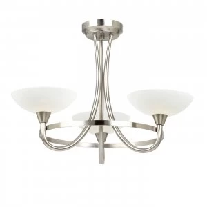 Image of 3 Light Semi Flush Multi Arm Ceiling Light Satin Chrome, White Painted Glass with Faint Line Pattern, G9