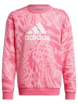 Image of Boys, adidas Future Icons Junior Girls All Over Print Crew Sweat Top - Dark Pink Size 9-10 Years