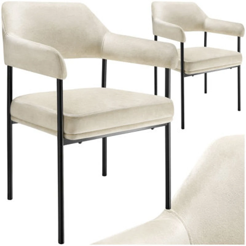 Image of Tectake Set Of 2 Armchair Doe - Durable Fabric, Black Powder-Coated Legs, 120 Kg Load, 58 X 62 X 85cm - Velvet Look Off-White