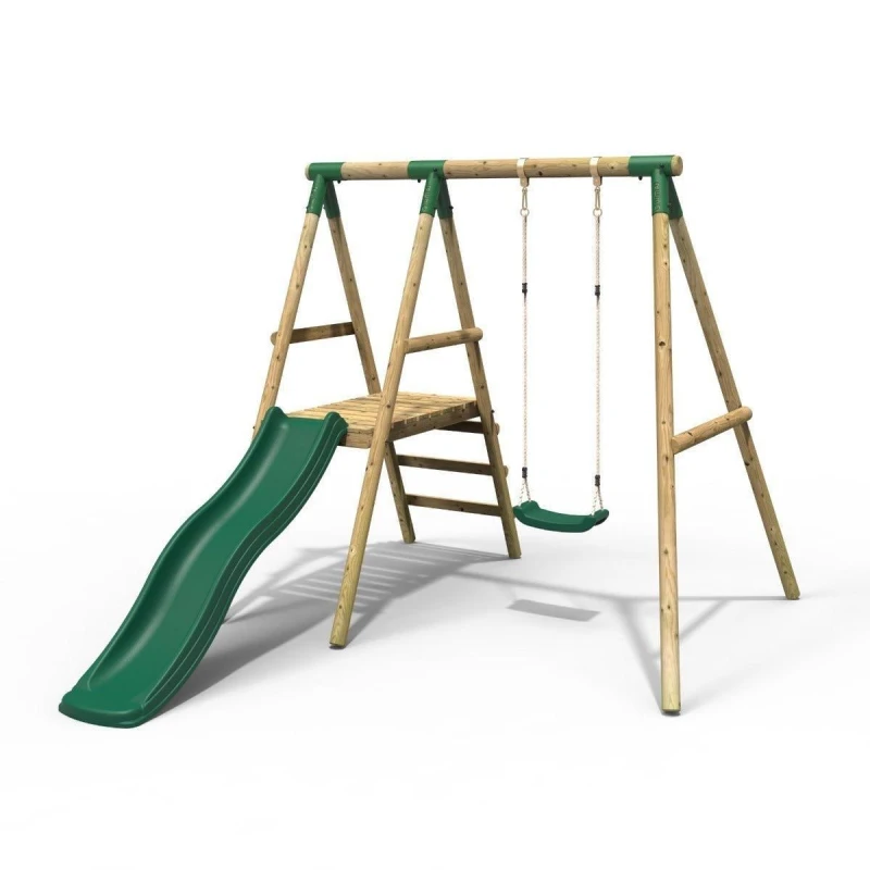 Image of Rebo Wooden Swing Set with Slide - Apollo Green Green