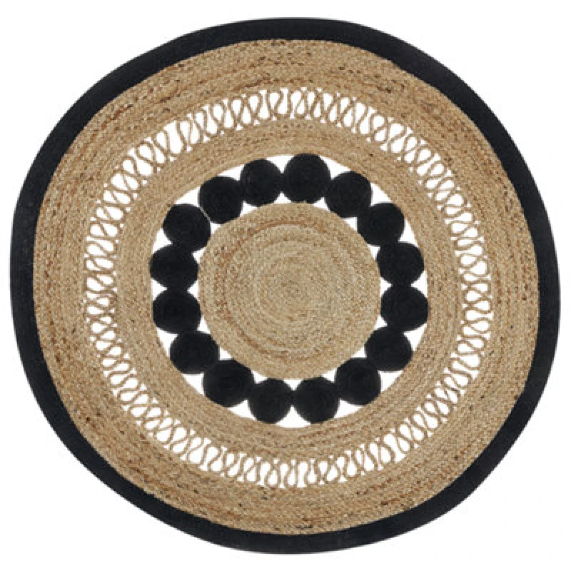 Image of Beliani Round Jute Area Rug 120 Cm Beige And Black Yozgat