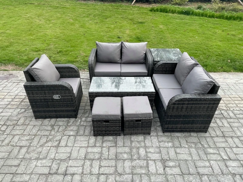 Image of Fimous Rattan Outdoor Garden Furniture Sofa Set Patio Table & Chairs Set with 2 Small Footstools Side Table Dark Grey Mixed Dark Grey