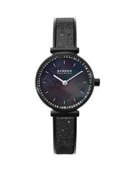 Image of Skagen Annalie Black Mother Of Pearl 25Mm Dial Black Stainless Steel Glitz Mesh Strap Ladies Watch