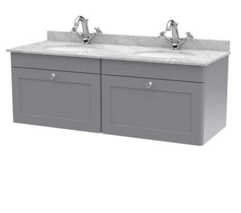 Image of Nuie Classique Wall Hung 2 Drawer Vanity Unit & 1 Tap Hole Grey Marble Top With Oval Basin, Contemporary Sink Vanity Unit In