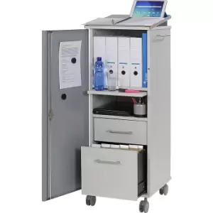 Image of Office and media caddy, with 2 compartments, 2 drawers, 1 extendable countertop, light grey