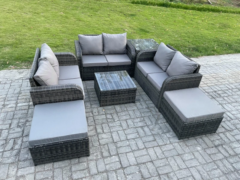 Image of Fimous 8 Seater Outdoor Garden Furniture Sets Wicker Rattan Furniture Sofa Sets with Square Coffee Table Love seat Sofa 2 Big Footstool Side Table Dar
