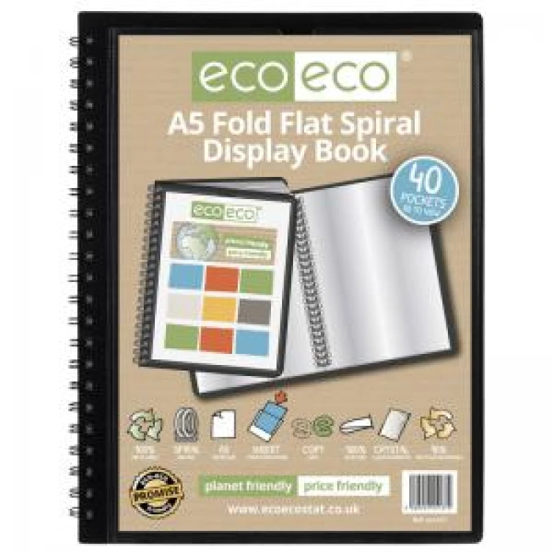Image of Eco Eco 50% Recycled Fold Flat Spiral Display Book 40 Pockets A5 Black eco137-S
