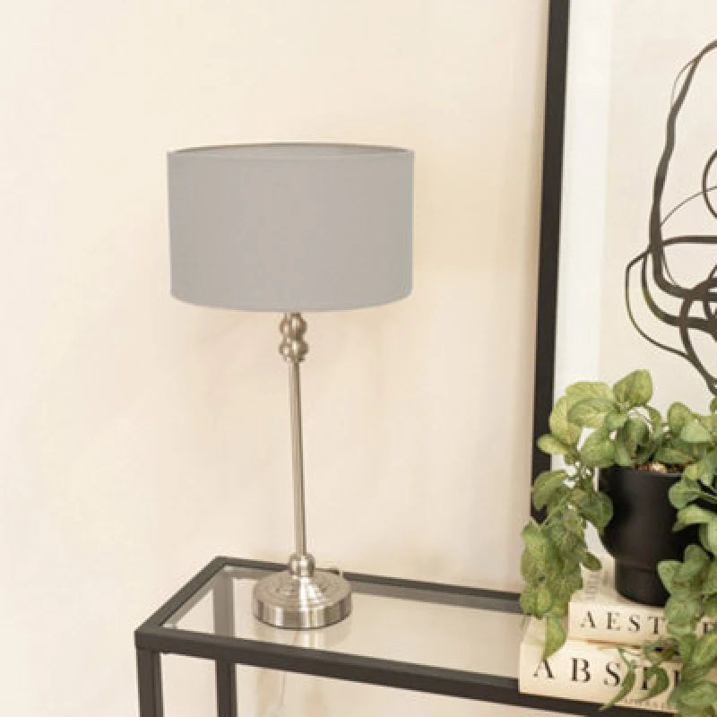 Image of ValueLights Maggie Brushed Chrome Candlestick Slim Table Lamp with Fabric Drum Lamp Shade Grey
