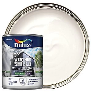 Image of Dulux Weathershield Multi Surface Quick Dry Pure Brilliant White Satin Paint 750ml