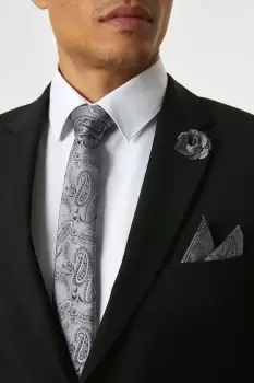 Image of Slate Grey Wedding Paisley Tie Set With Lapel Pin