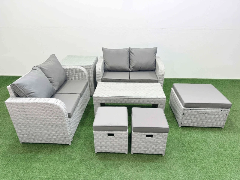 Image of Fimous 7 Seater Outdoor Love Sofa Set Rattan Garden Furniture Set with Oblong Coffee Table 3 Footstool Side Table Light Grey Light Grey