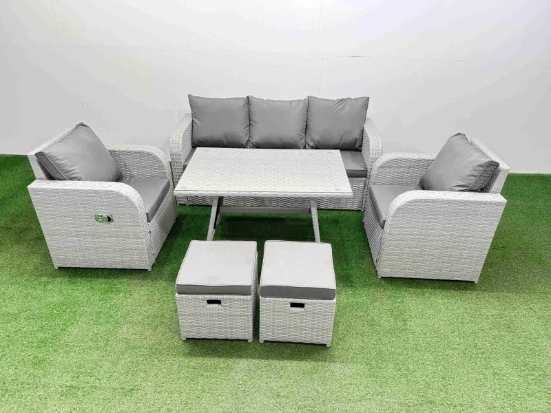 Image of Fimous Reclining Chair 3 Seat Sofa Set Garden Furniture Set with Small Stools in Light Grey Light Grey Unisex
