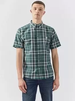 Image of Pretty Green Ribera Short Sleeve Check Shirt - Green, Size S, Men
