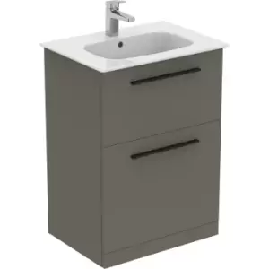Image of Ideal Standard i. life A Double Drawer Floor Standing Unit with Basin Matt 600mm with Matt Black Handles in Quartz Grey