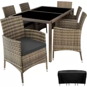 Image of Rattan garden furniture set 6+1 with protective cover - garden tables and chairs, garden furniture set, outdoor table and chairs - nature/dark grey